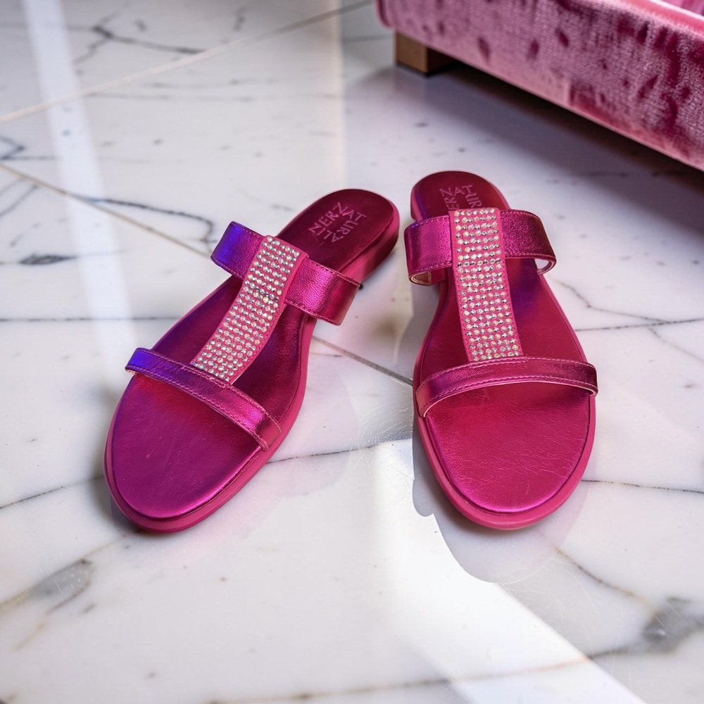 Naturalizer NWT Sz 8 Farica Metallic Pink Jeweled Flat Slide Sandals (SH349)